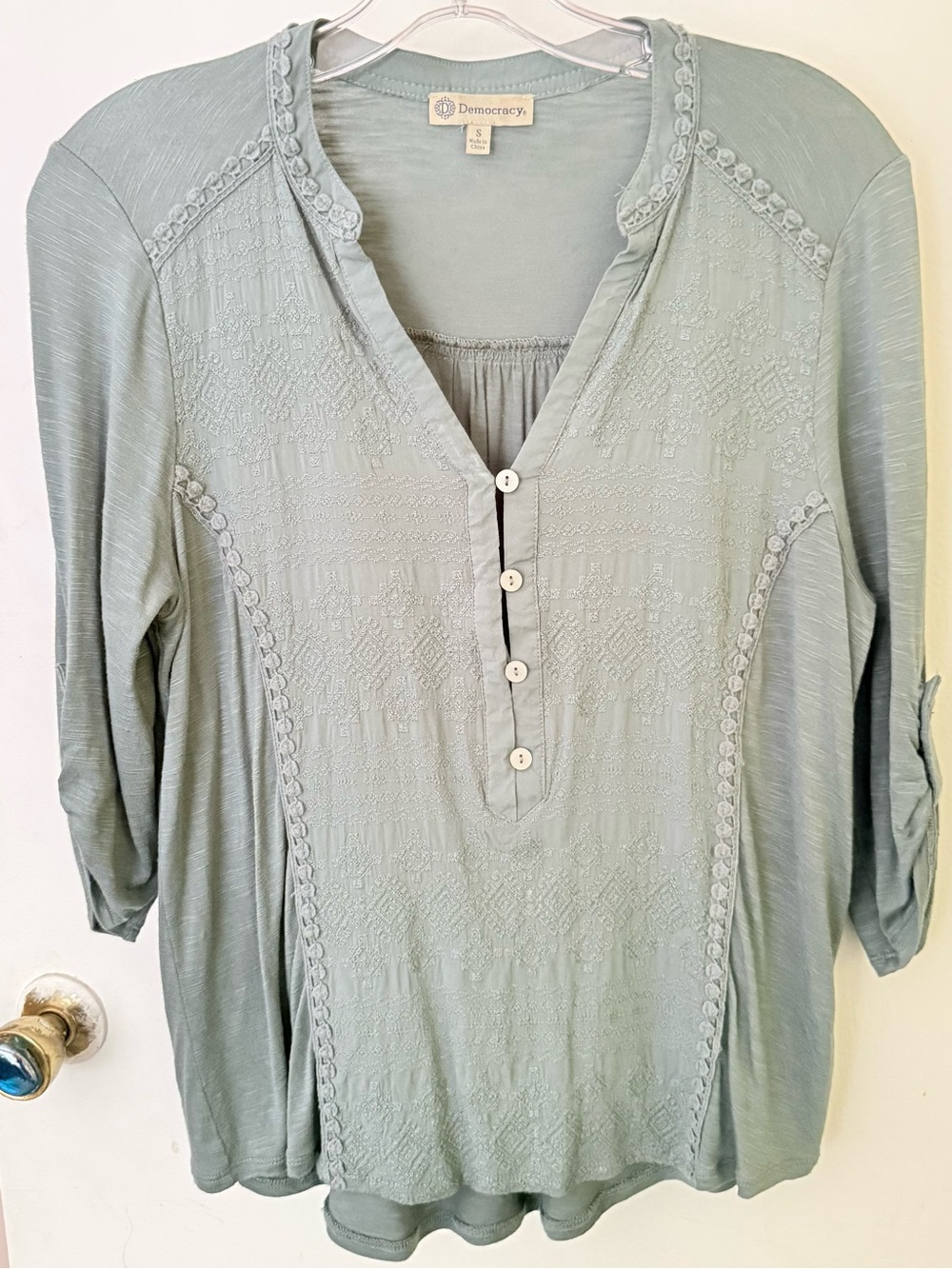 Democracy Light Sage Green Embroidered Henley Tunic